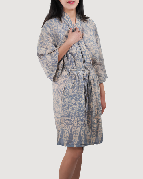 Hand Dyed Batik Robe Kimono, 100% Cotton, Gray, Silver Petals