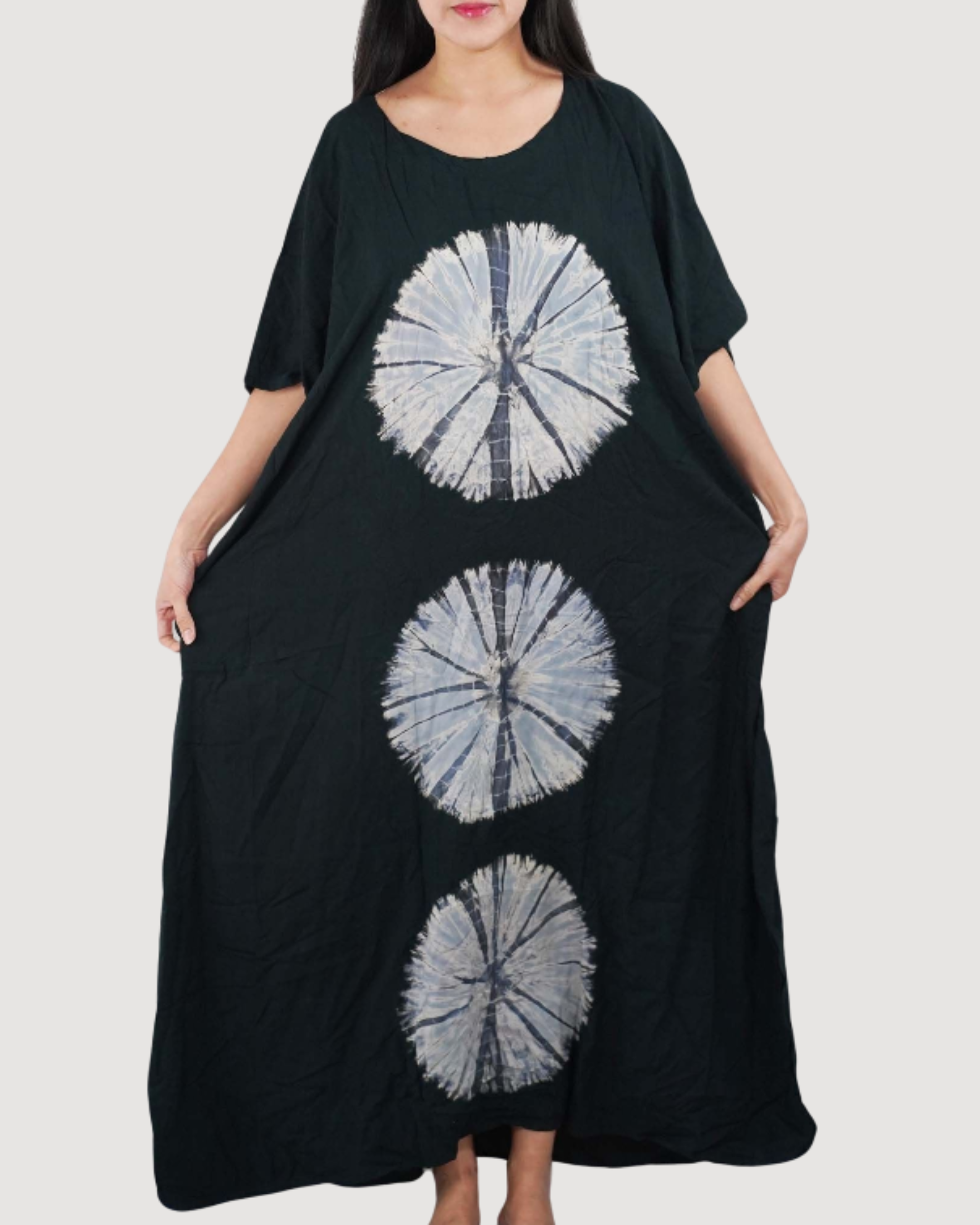 Kaftan Tie Dye Long Dress Shibori Black White Floral Pattern