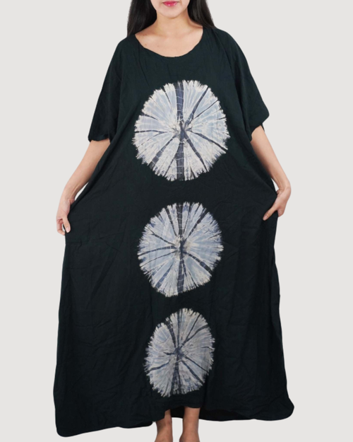 Kaftan Tie Dye Long Dress Shibori Black White Floral Pattern