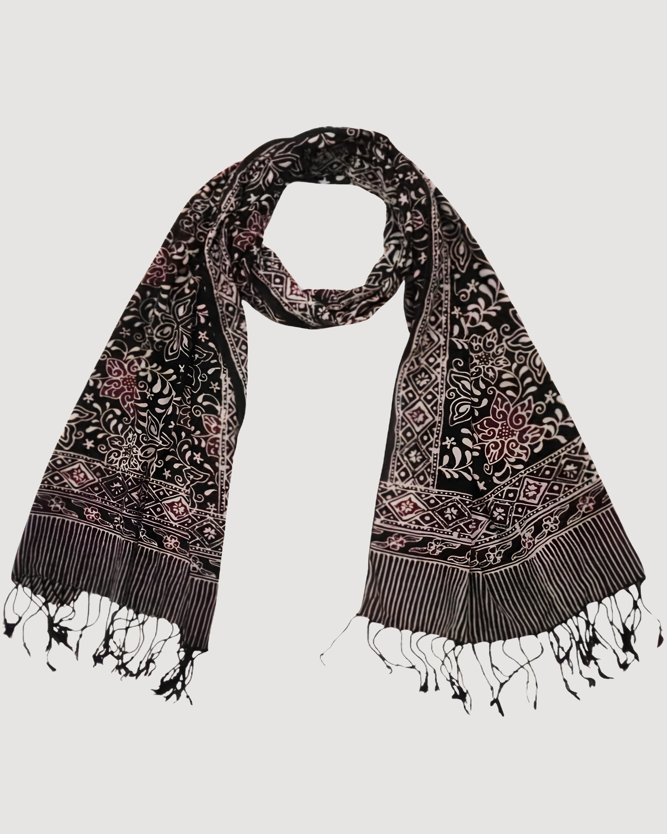 Hand Dyed Batik Scarf, 100% Cotton Fabric, Black Red Floral Star