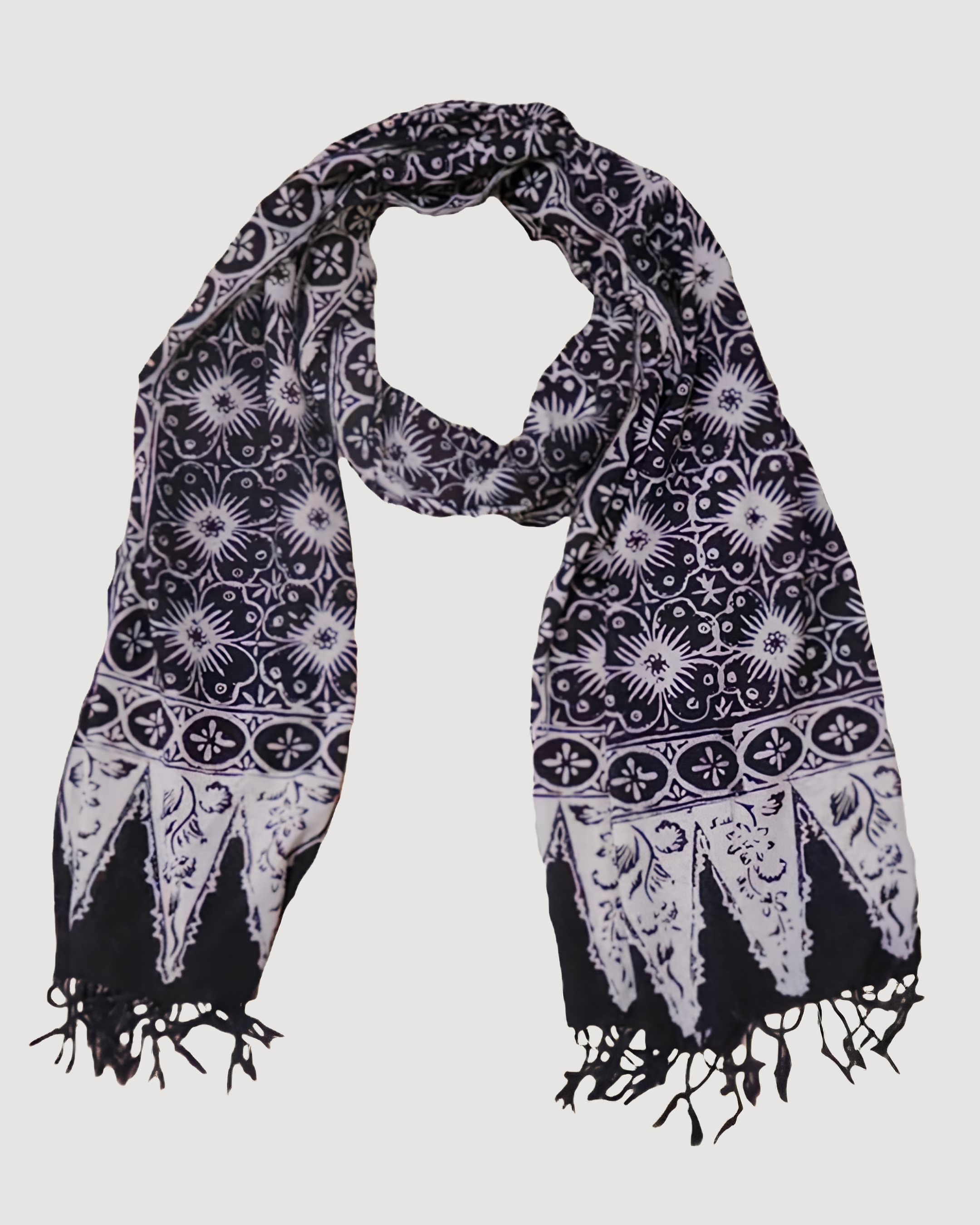 Handmade Batik Scarf - Cotton - Hibiscus Flower, Black, White