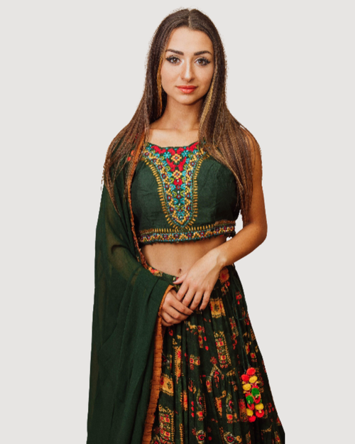 Green Tiered Lehenga Choli Set