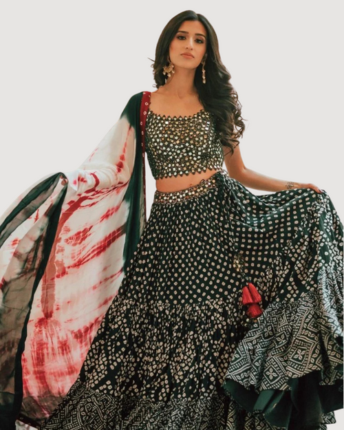 Green Lehenga Choli Set with Mirror Work