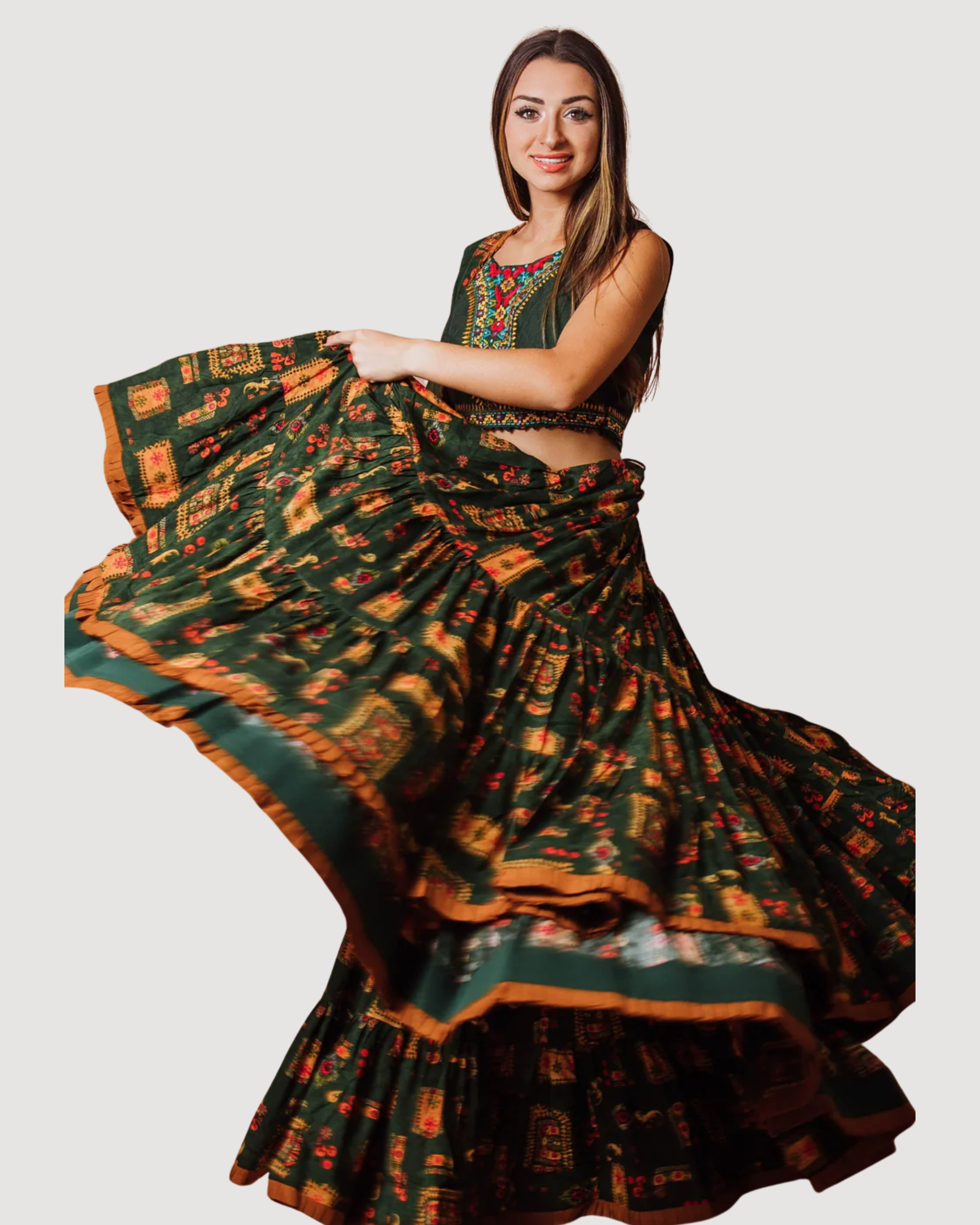 Green Tiered Lehenga Choli Set