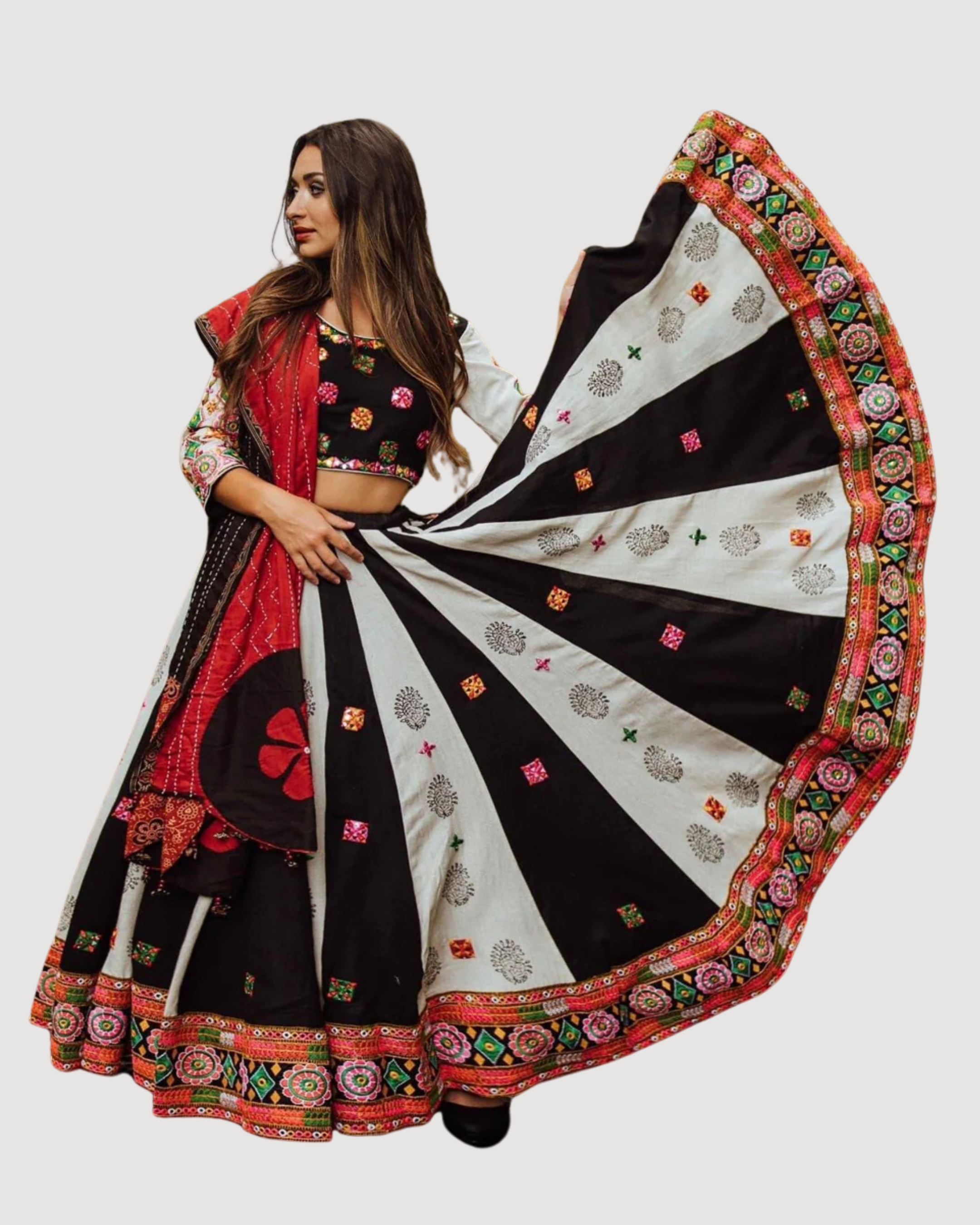 Hand-Block Printed Chaniya Choli with Kachchi Embroidery