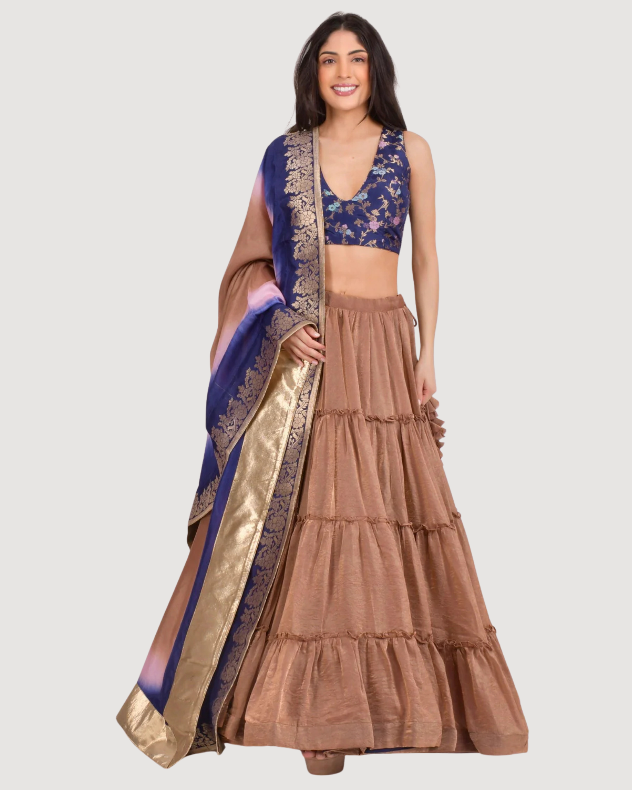 Duna Brownish Gold Tiered Lehenga Choli Set