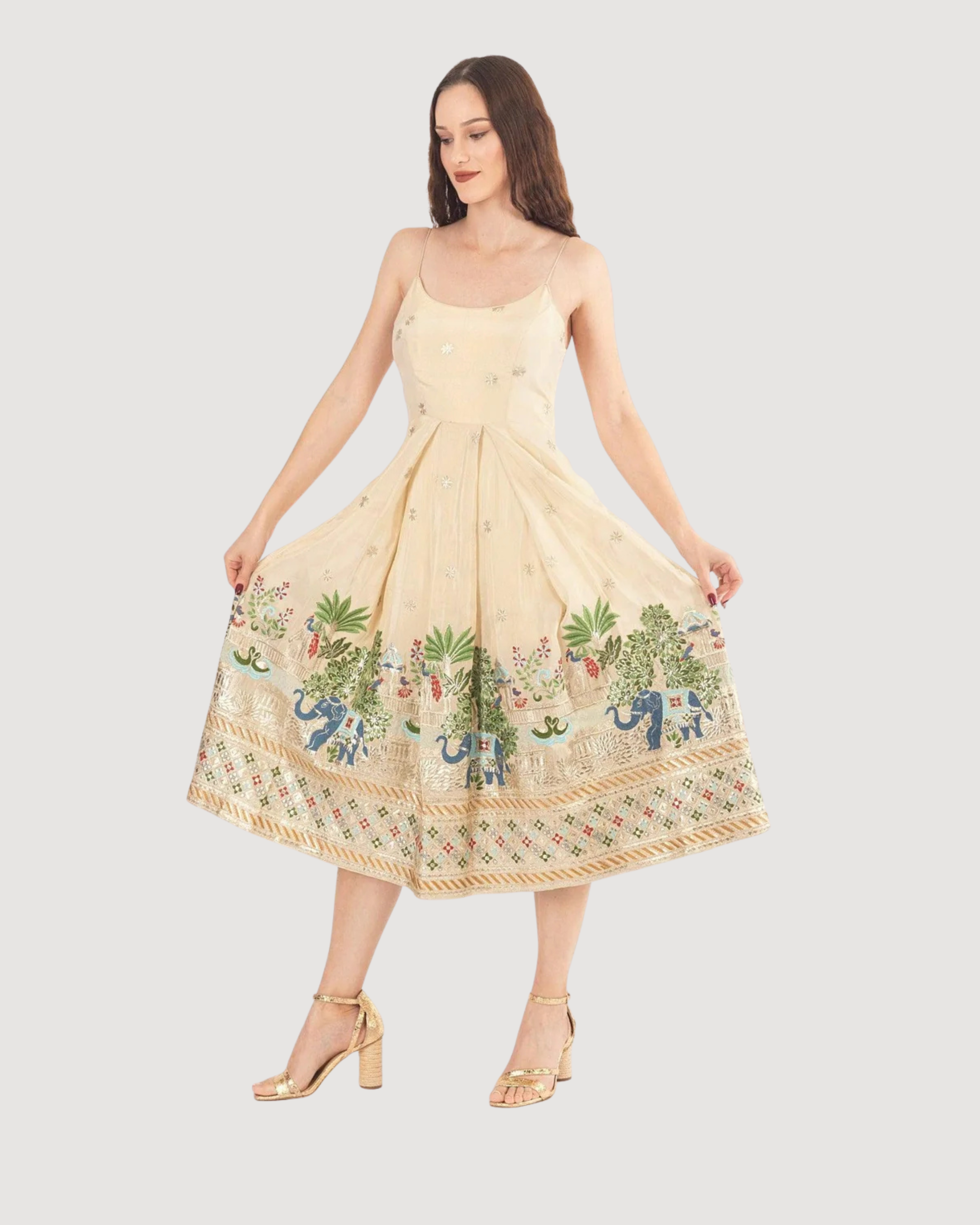 Blanche Beige Midi Dress with Embroidery