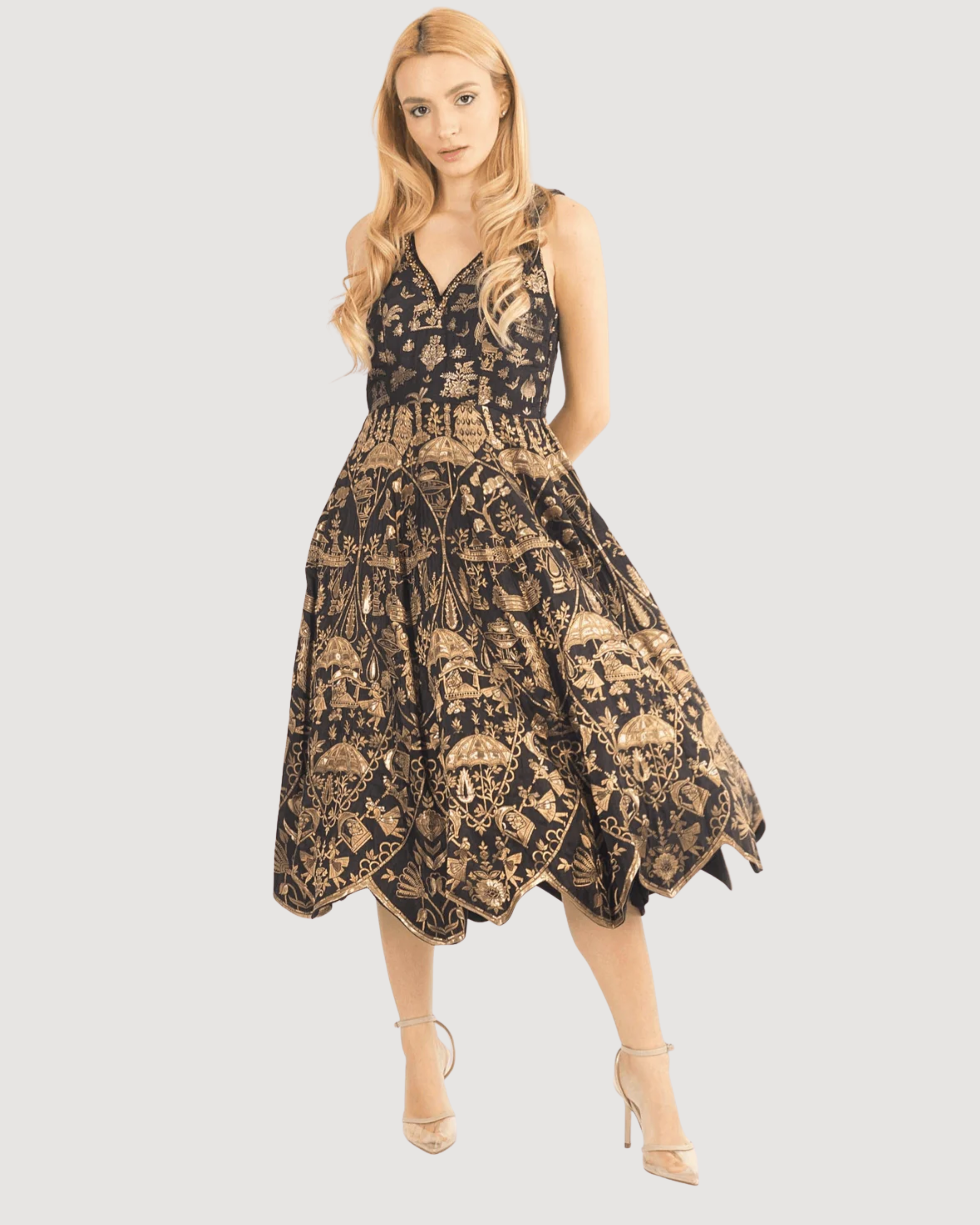 Sablora Black Midi Dress with Hand Embroidered Neckline
