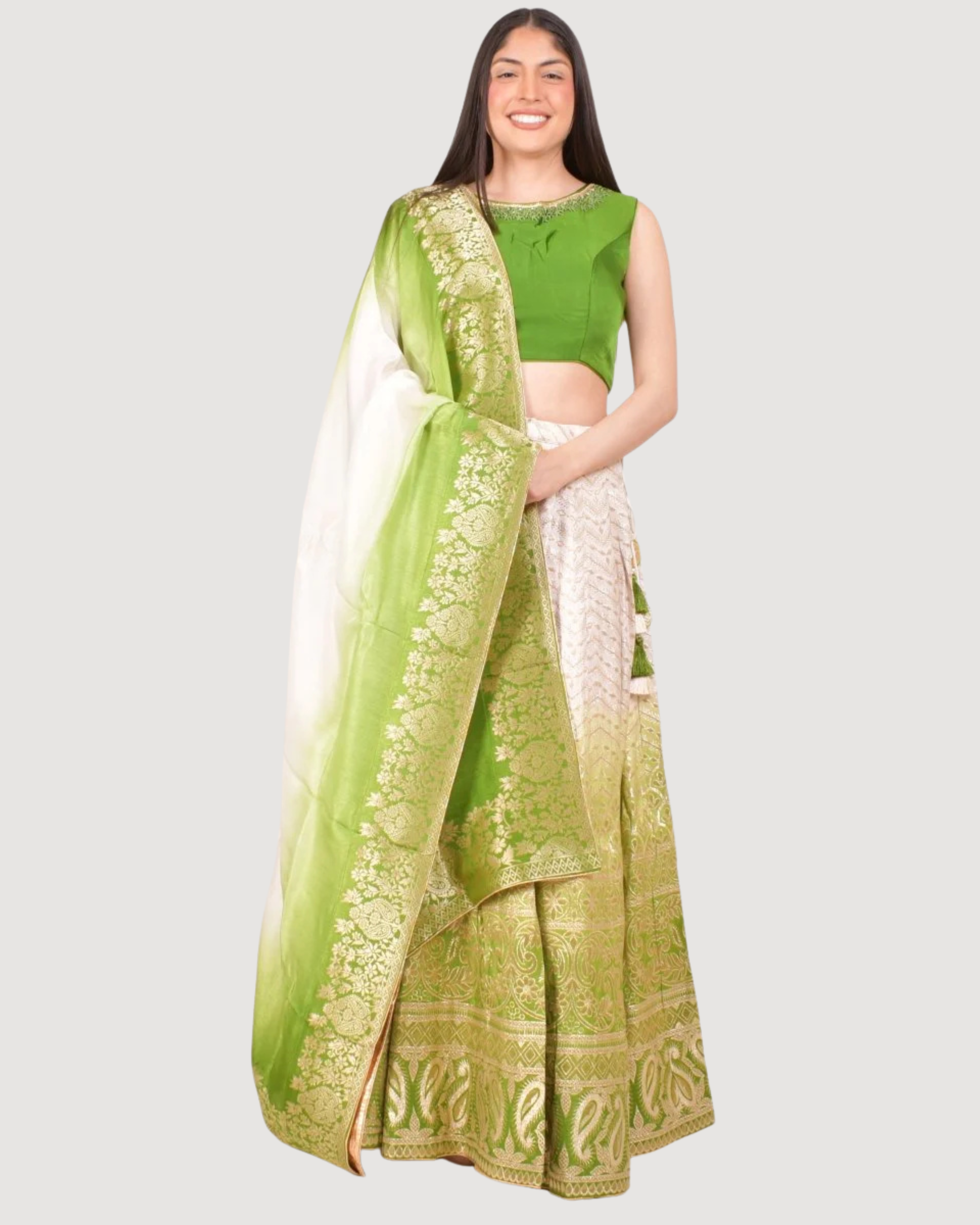 Green Banarasi Silk Shaded Lehenga Choli