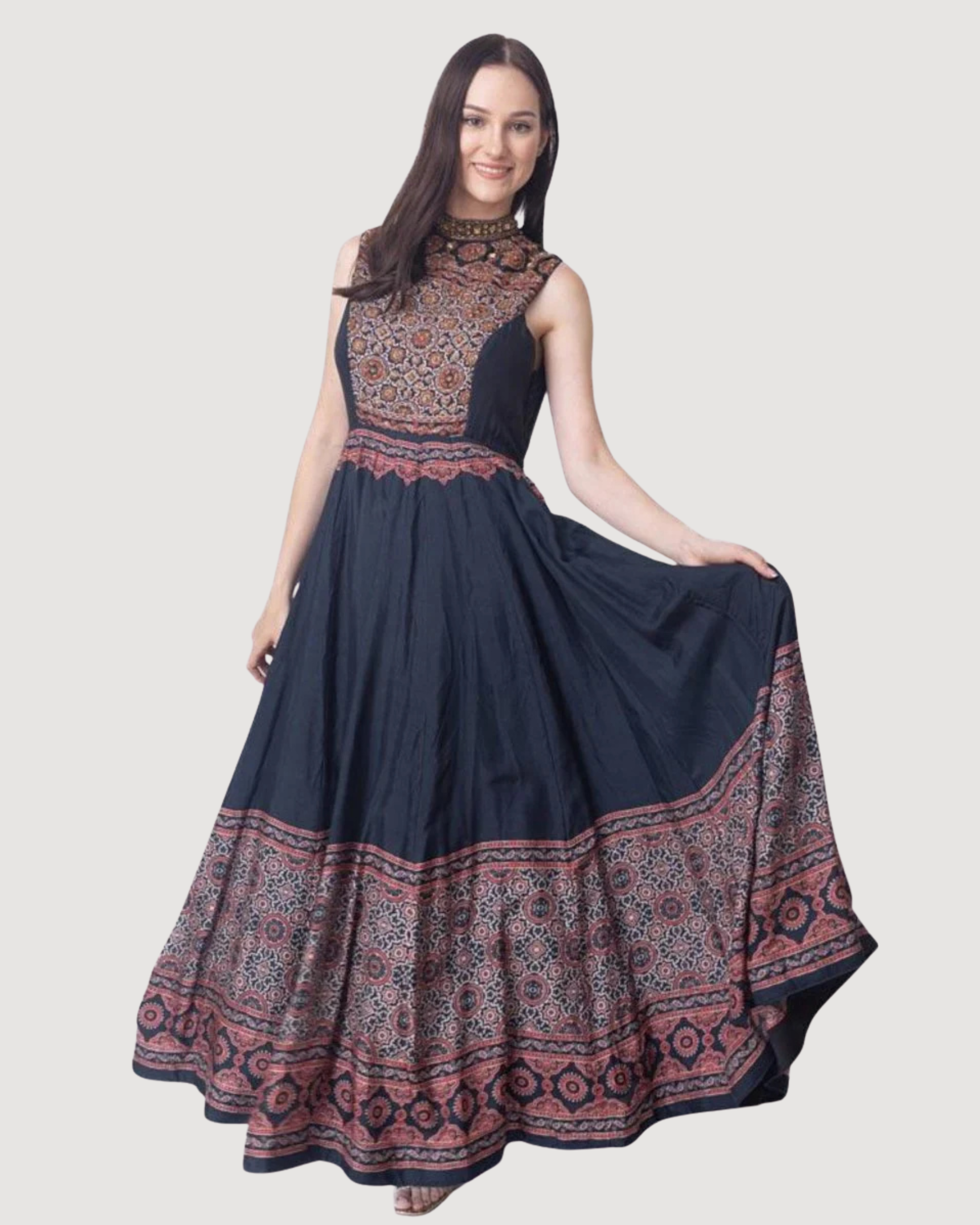 Kamila High Neck Long Dress with Hand Embroidery