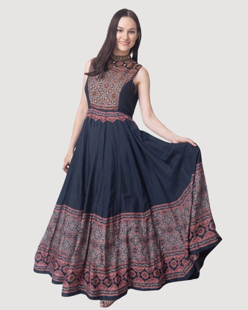 Kamila High Neck Long Dress with Hand Embroidery