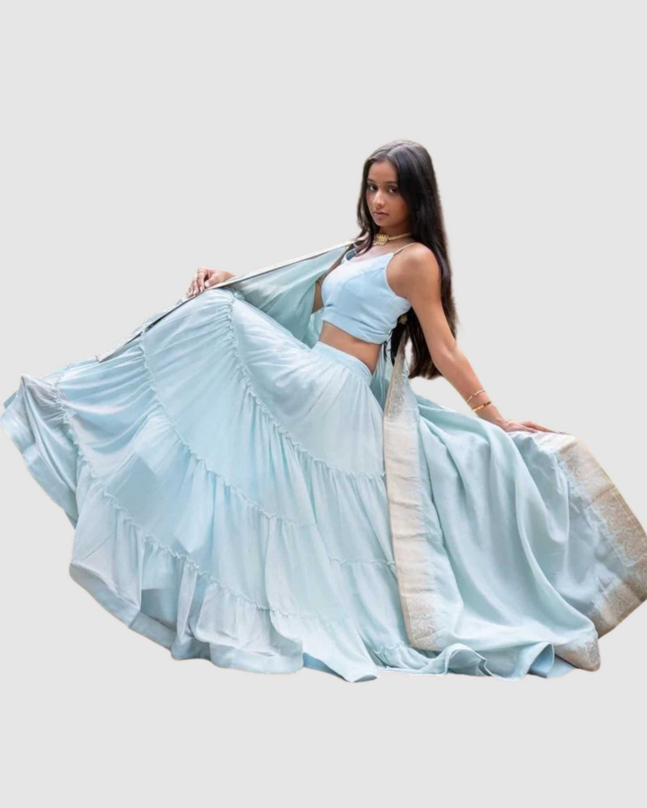 Elvia Sky Blue Shimmer Tiered Lehenga Choli Set with Gold Accents