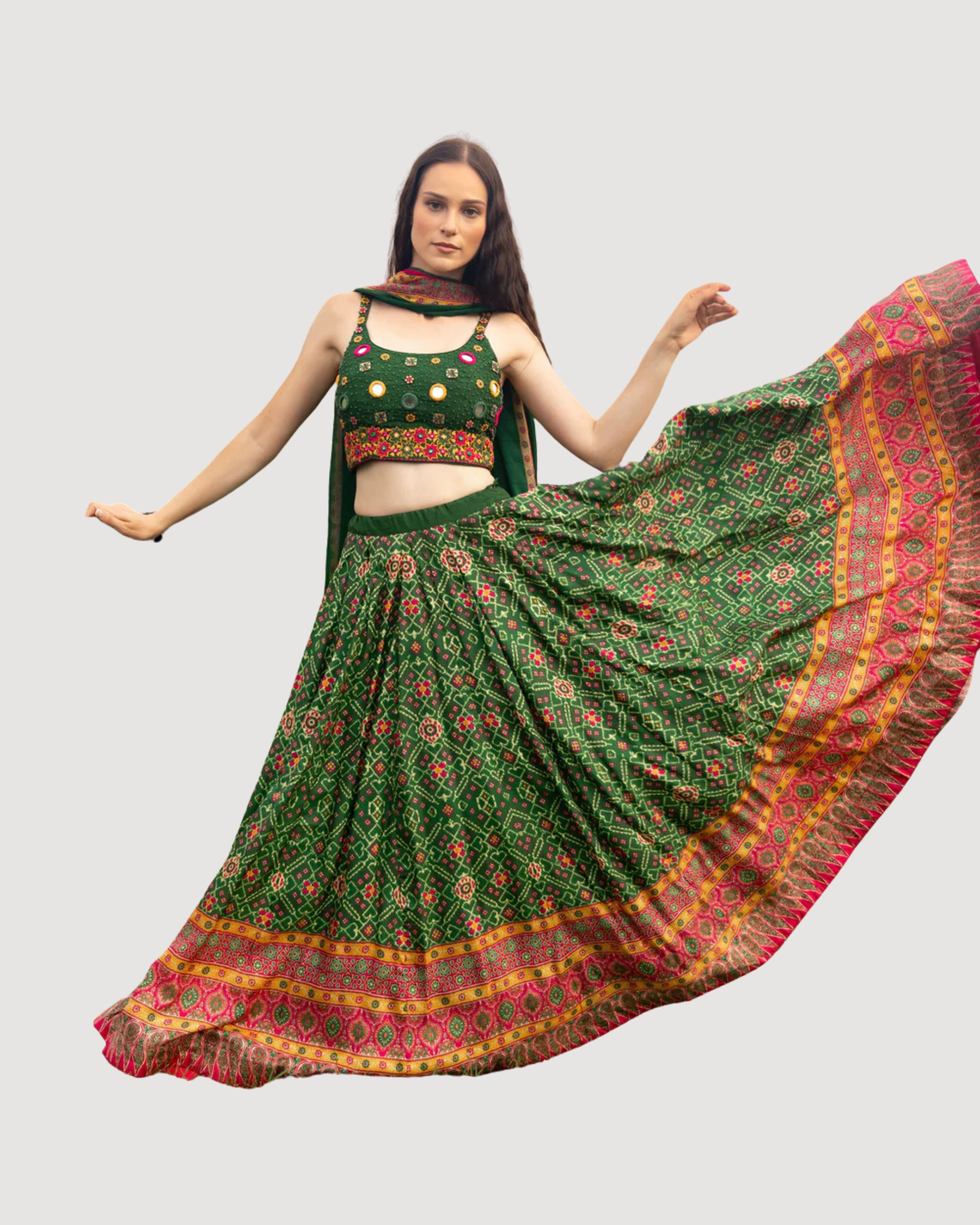 Eliz Green Patola Print Green Chaniya Choli with Mirror Work