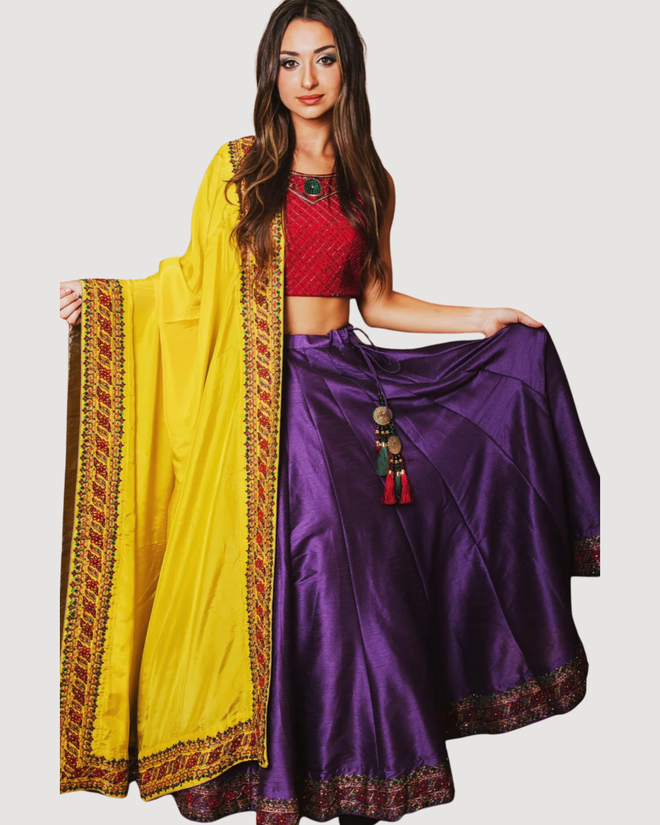 Purple and red Lehenga Choli Set with Yellow Dupatta