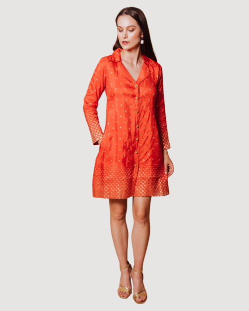Orange Blazer Dress with Jacquard Silk