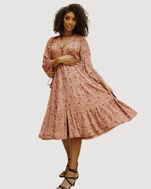 Brown Tiered Floral Midi Dress