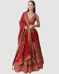 Red Banarasi Silk Lehenga Choli Set with Hand Embroidery