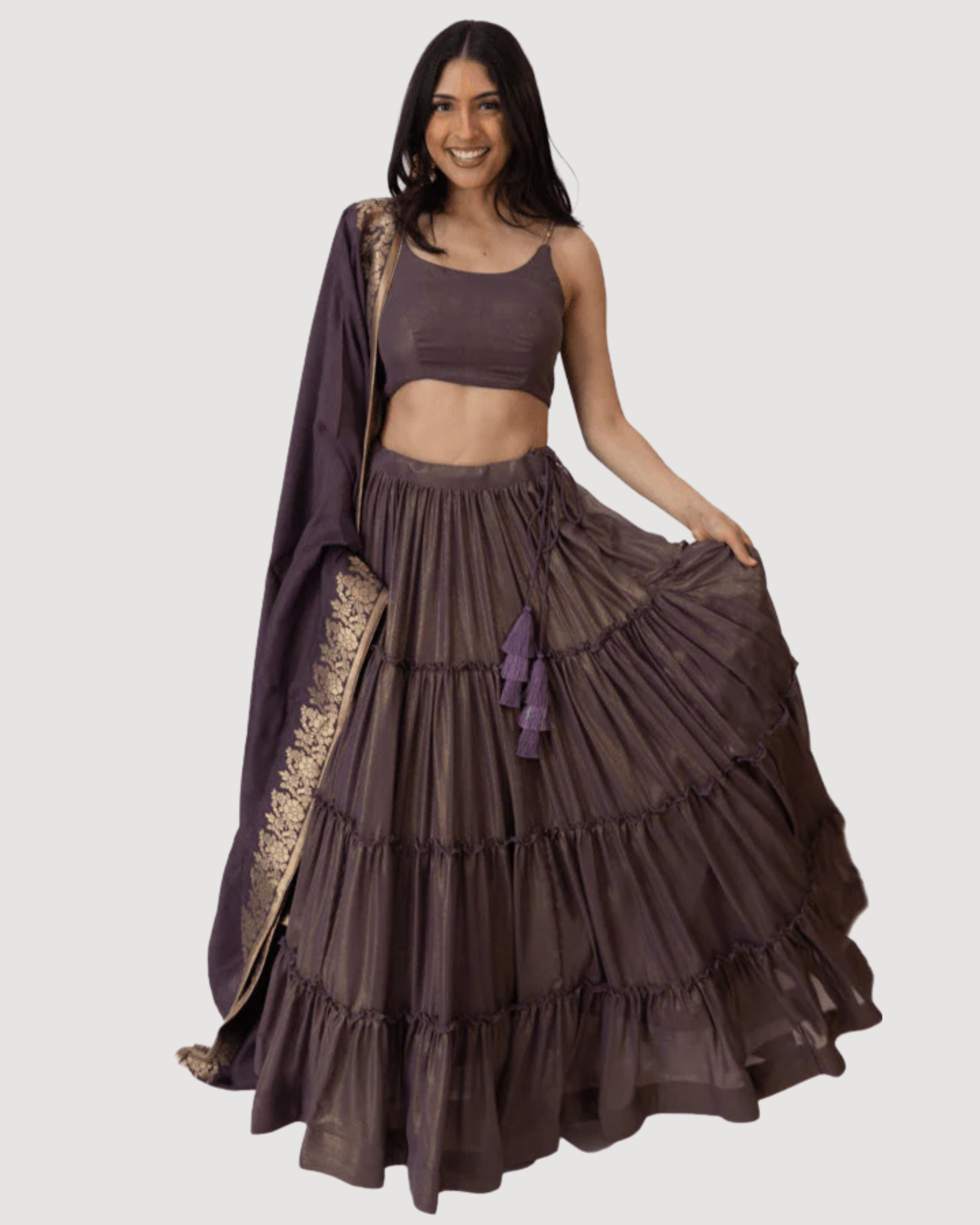Gaia Shimmer Tiered Lehenga choli Set with Gold Accent