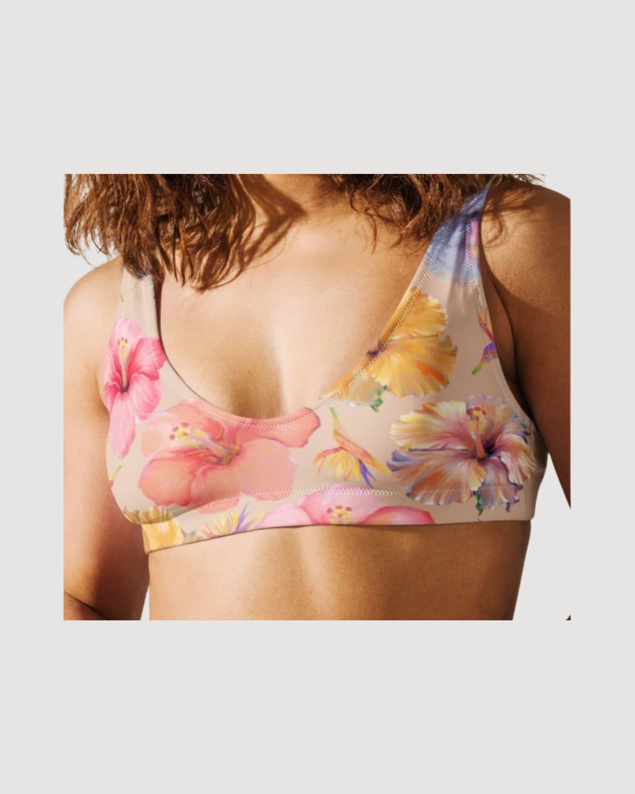 Watercolor Sandy Hibiscus Recycled Swim Top/ Low Impact Sports Bra
