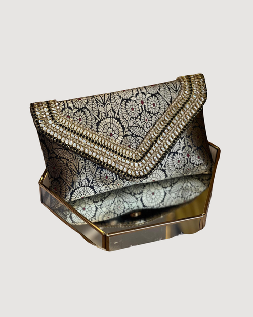 Brocade Elegant Envelope-style Clutch with Stone on Edges