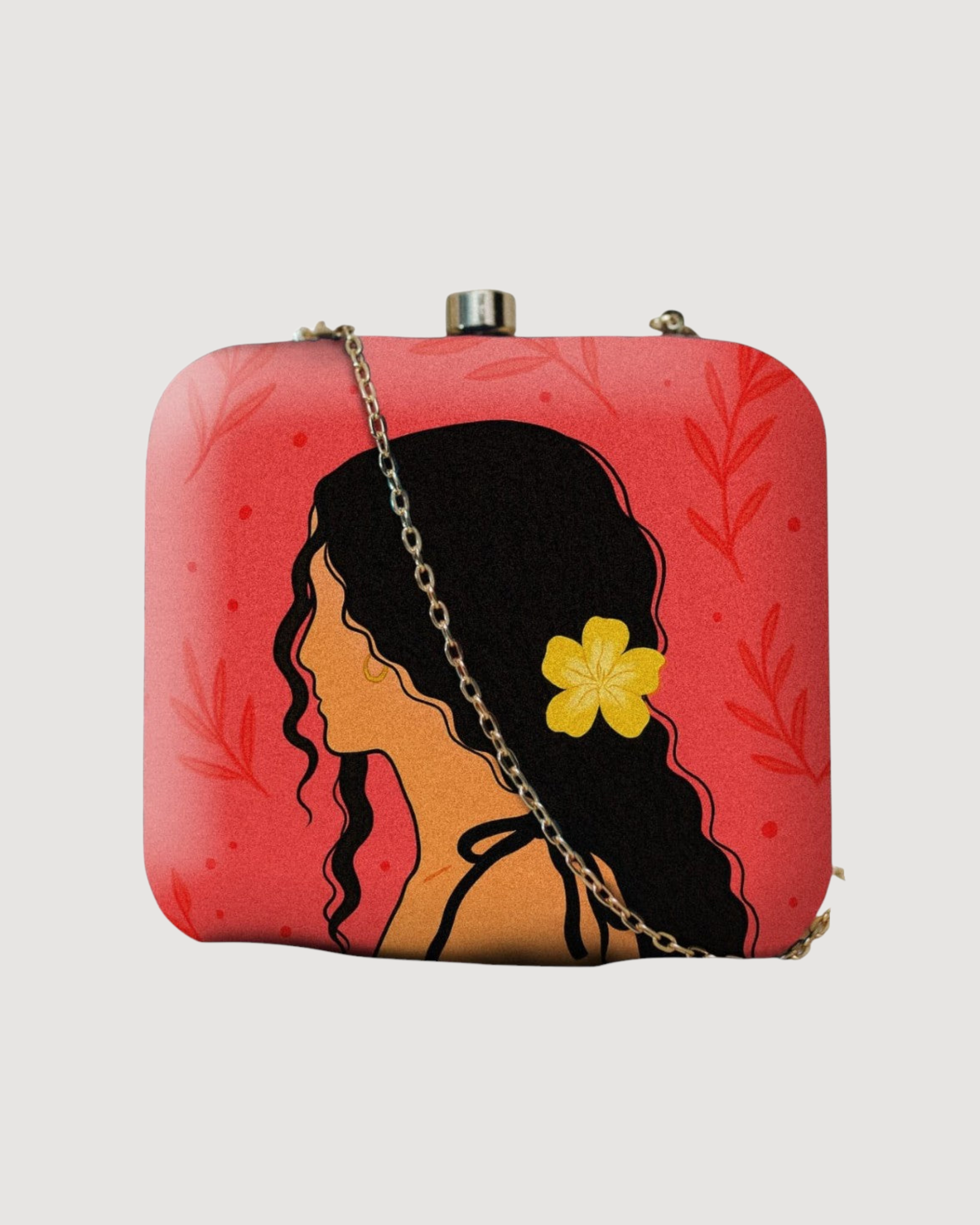 Indian Ethnic Designer Red Clutch with Portrait of Women with Curly Hair