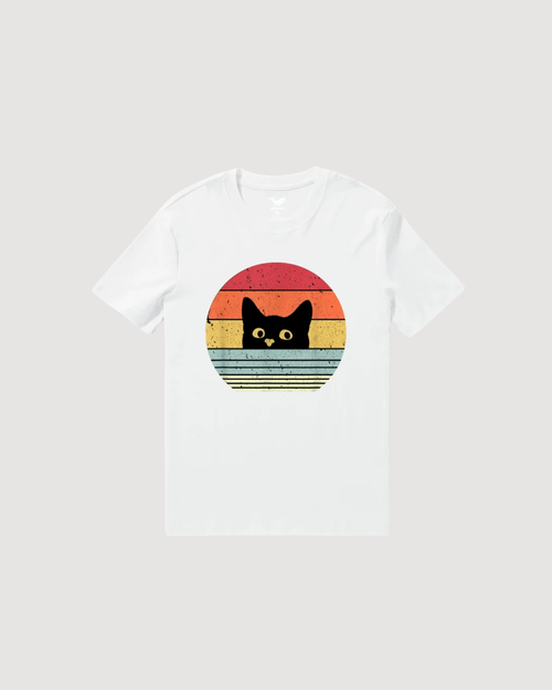 Hawaiian Tee For Men Retro Cute Cat Tee Crew Neck 100% Cotton - WHITE