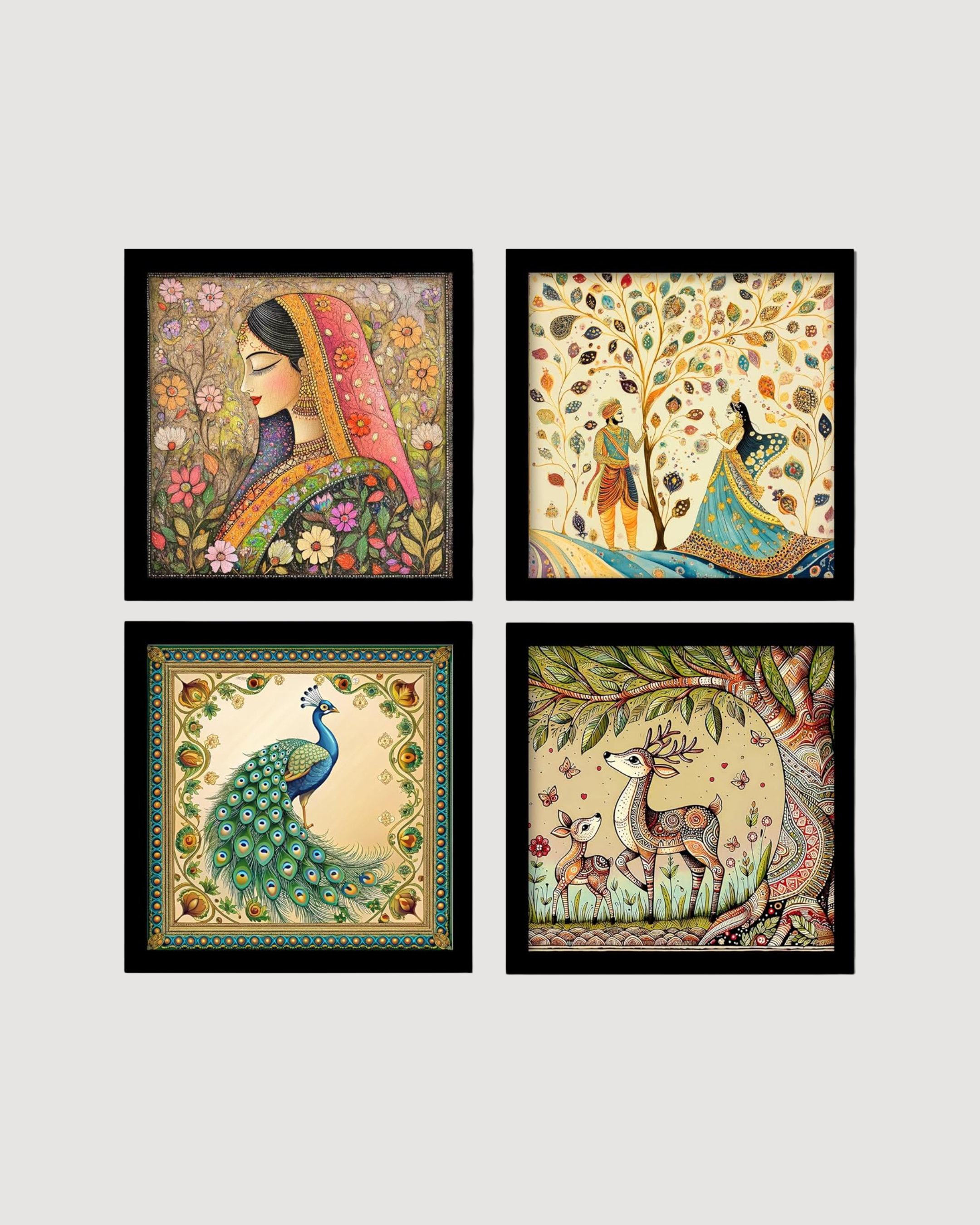 Set of 4 Art Framed Painting For Home, Living Room, Hall | Traditional Rajasthani Pichwai Art Paintings With Frame For Home Decor