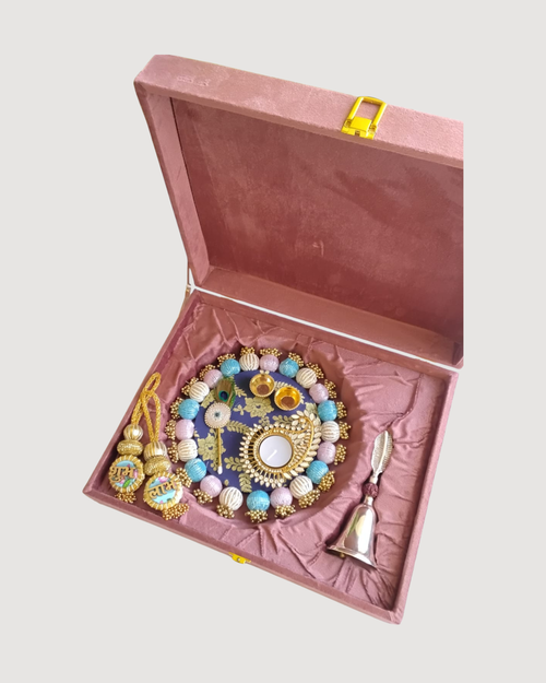 Combo in Gift Box - Haldi Kumkum Platter with Diya, Bell & Shubh Labh - Wedding/Housewarming Gift