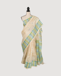 Rini: Cream Tussar Silk Saree with Blue & Green Motifs | Silk Mark Certified