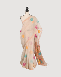 Mou: Beige & Gold Bengal Silk Linen Saree | Elegant Festive Wear