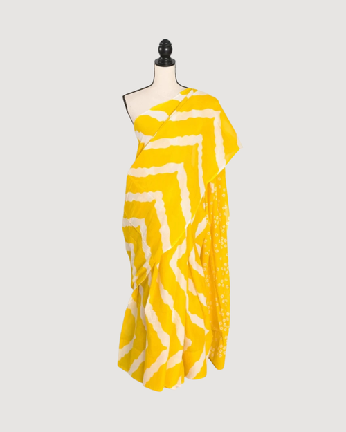 Shalini: Bright Yellow & White Contemporary Bengal Soft Mulmul Cotton Saree