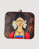 Indian Ethnic Designer Clutch with Lady Portrait with Bindi, Sindoor & Nose-pin