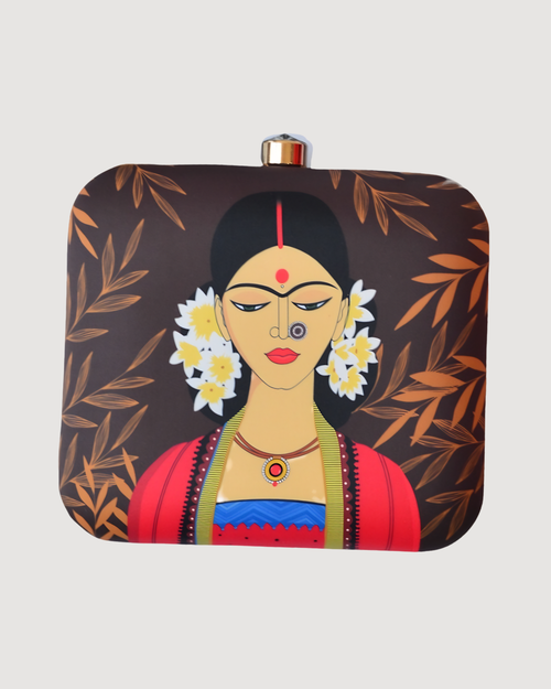 Indian Ethnic Designer Clutch with Lady Portrait with Bindi, Sindoor & Nose-pin