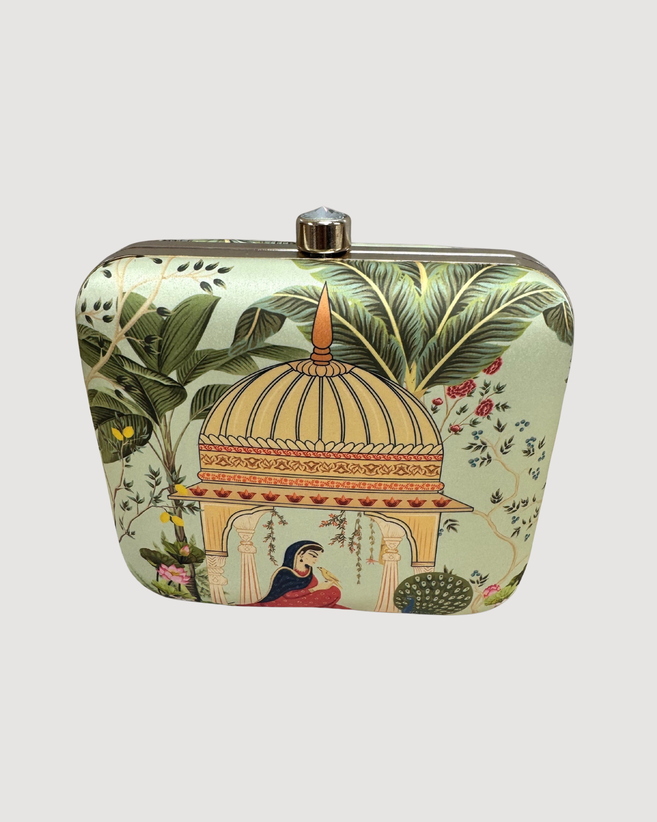 Designer Clutch with Women in Traditional Attire Sitting in a Domed Pavilion