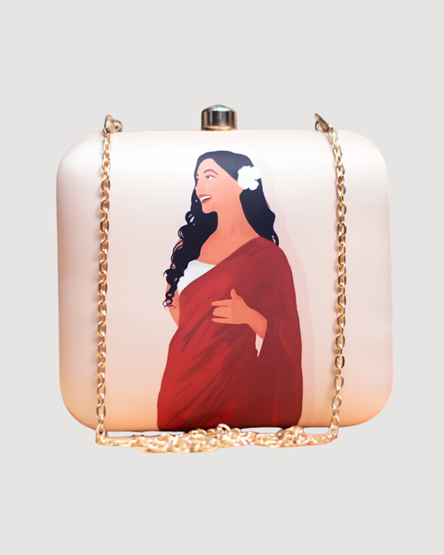 Lady in Red Sari with Flower in Long Hair Portrait Clutch