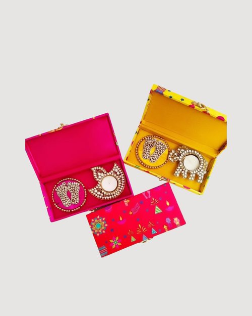 Auspicious Return Gifts for Indian Celebrations - Combo of Laxmi Charan & Mirror Diya in Brocade Print Gift Box