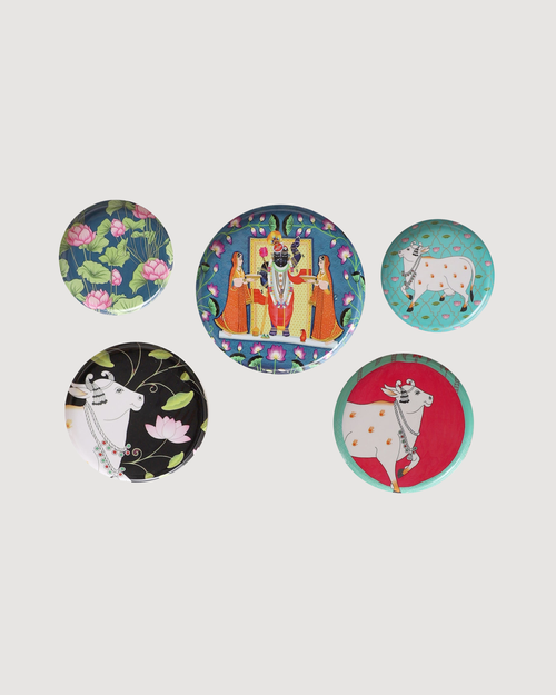 Set of 5 - Round Metal & Meena Wall Plates