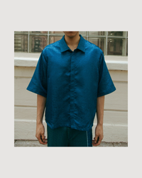 Dori Brocade Straight Collar Shirt Forest Blue