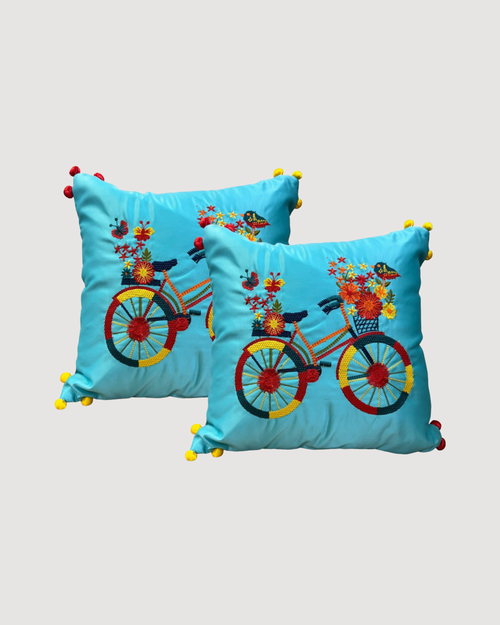 Satin Cushion or Pillow Cover with Cycle Embroidery & Satin Pompom on Sides, Set of 2