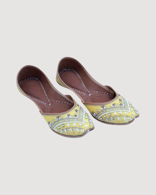 Yellow Leather Punjabi Jutti with Zardosi Work | Indian Mojari Shoes| Women's Khussa | Indian Ballet Flats