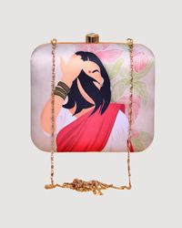 Indian Ethnic Designer Beige Clutch with Portrait of Women with Pink Saree