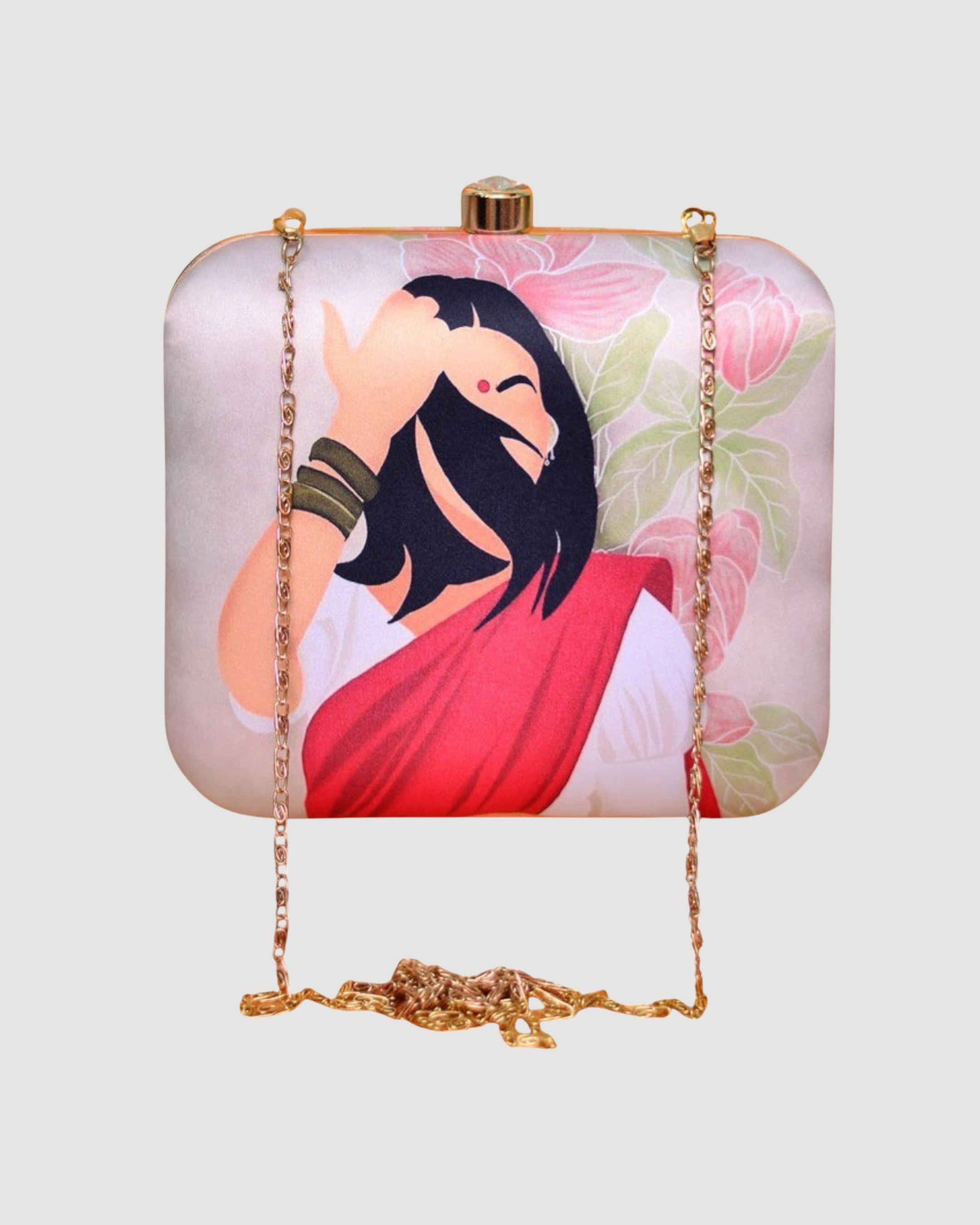 Indian Ethnic Designer Beige Clutch with Portrait of Women with Pink Saree
