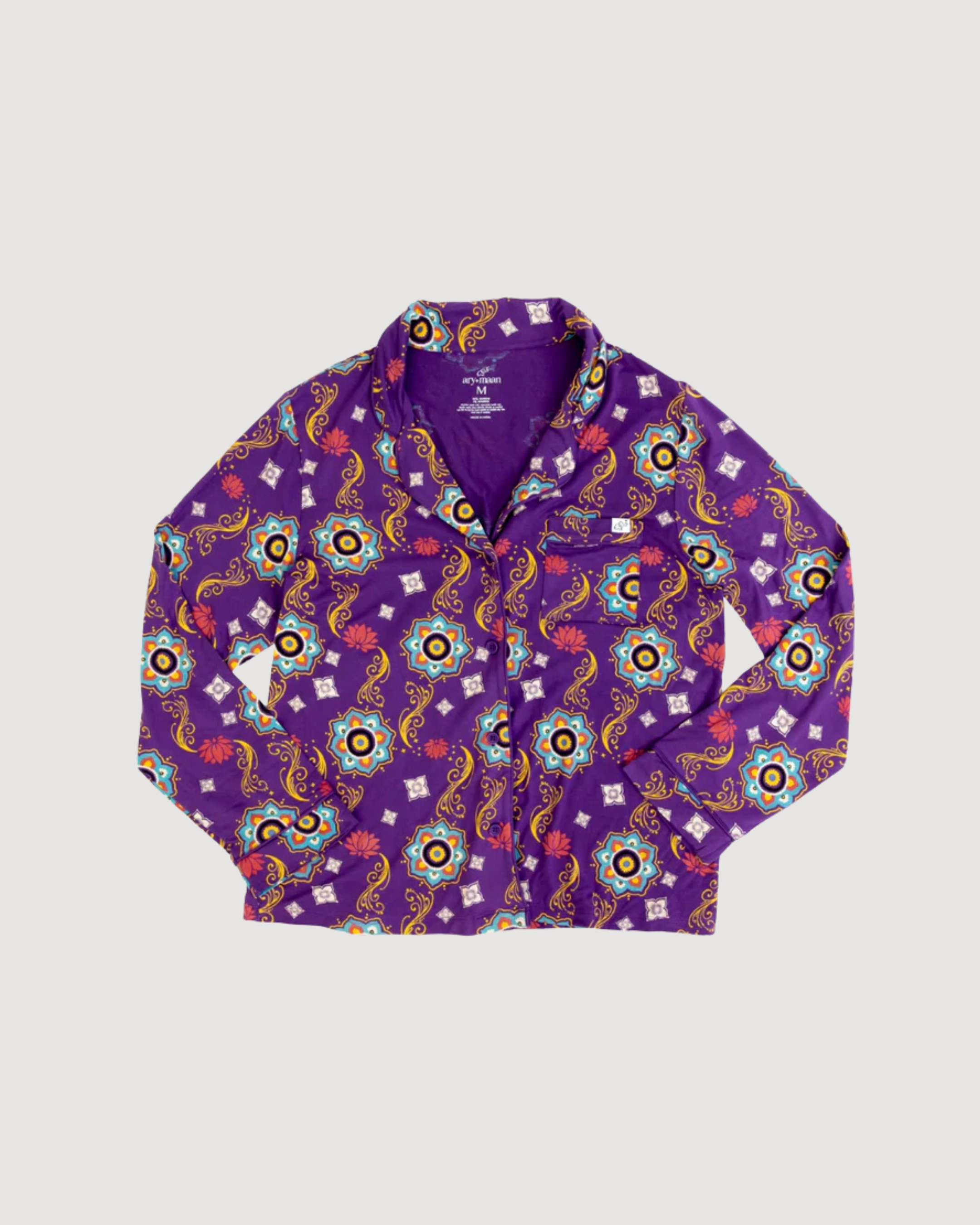 Adult Long Sleeve Button-Down Top – Purple Rangoli