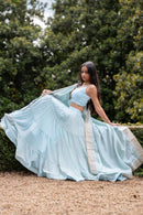 Elvia Sky Blue Shimmer Tiered Lehenga Choli Set with Gold Accents
