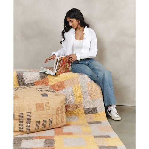 Wheat Geometrical Pattern Jute Cotton Handloom Pouf Cover