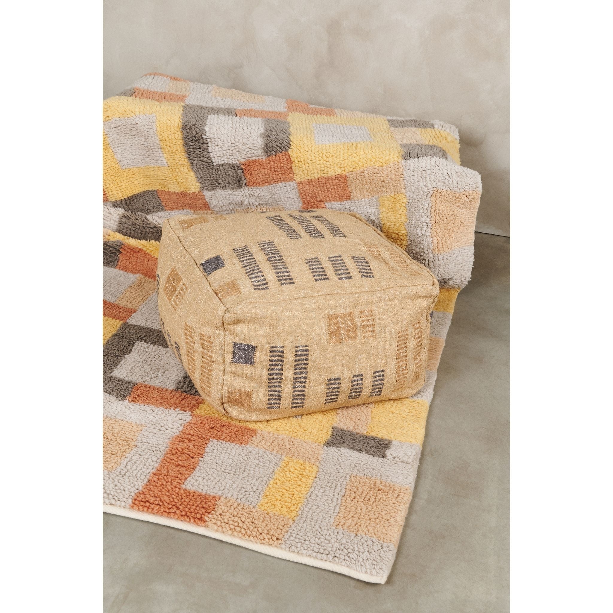 Wheat Geometrical Pattern Jute Cotton Handloom Pouf
