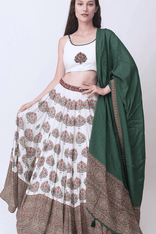 White Gold Embroidered Lehenga Set