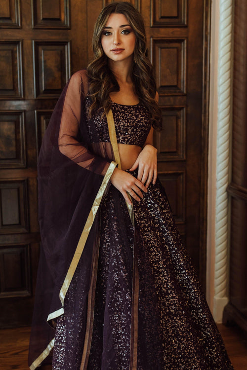 Wine Sequins Lehenga Choli Set