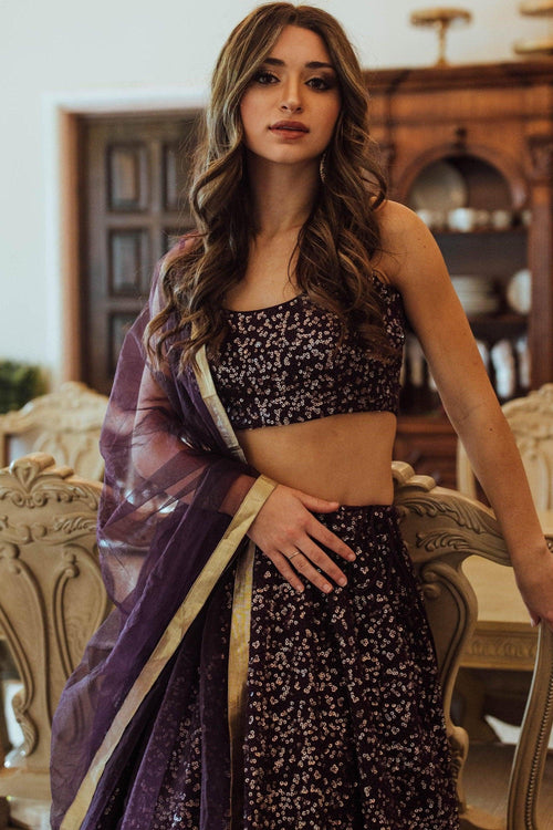 Wine Sequins Lehenga Choli Set