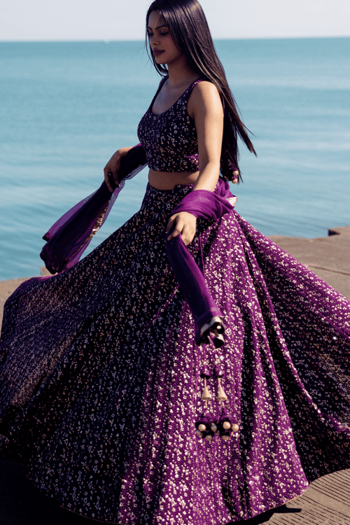 Wine Sequins Lehenga Choli Set